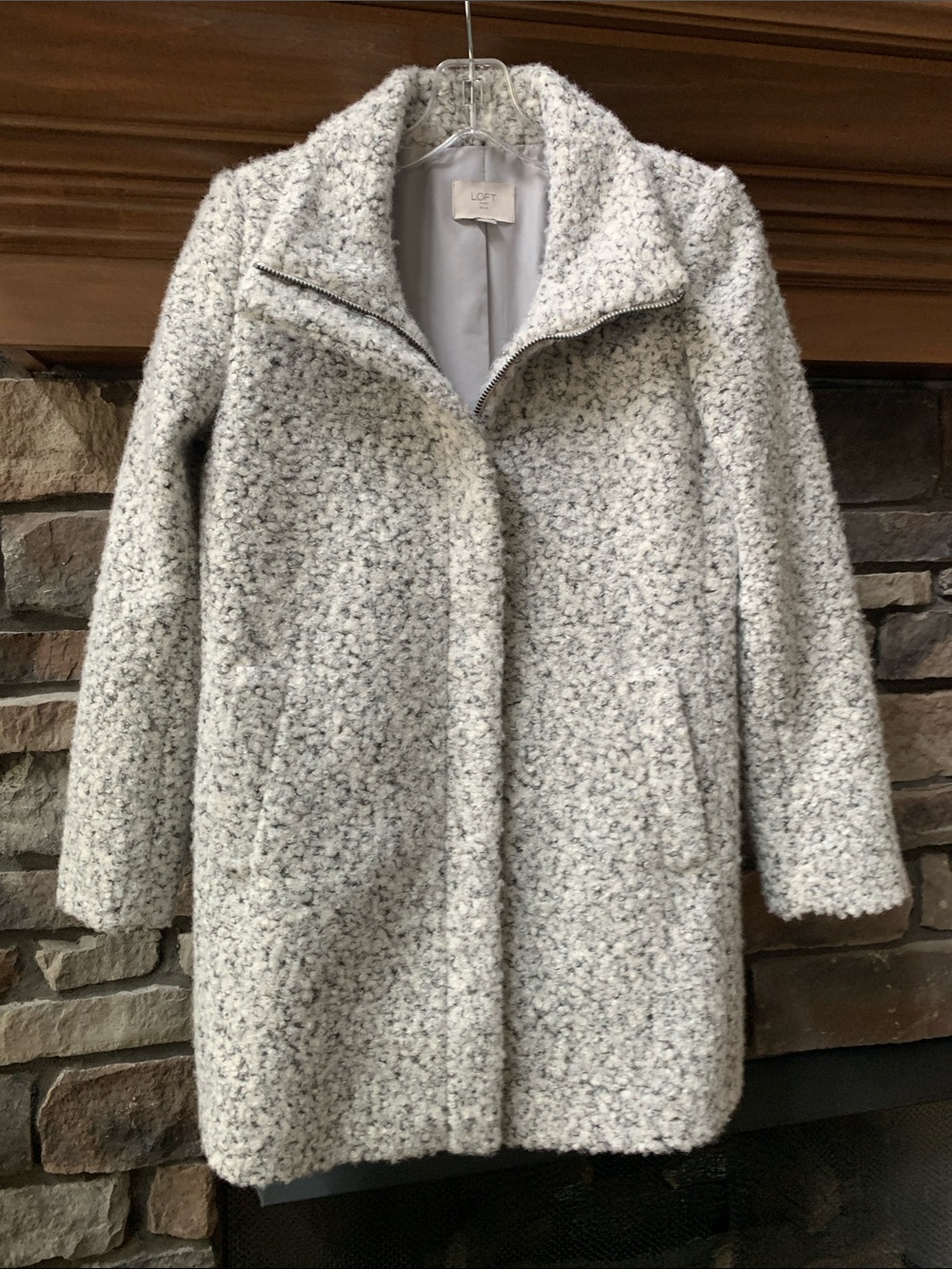 LOFT Grey and Cream Bouclé Teddy Textured Coat XSP